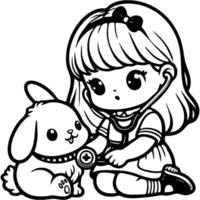 Girl plays vet with her pet rabbit in monochrome. Simple minimalistic image in black ink drawing on white background vector