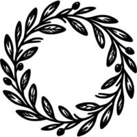 Olive wreath woven from olive branches in monochrome. Simple minimalistic image in black ink drawing on white background vector