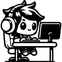 Boy playing on computer in online competition in monochrome. Simple minimalistic image in black ink drawing on white background vector