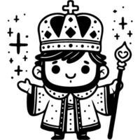 Magic king with a staff in his hands announces joyful news of birth of Savior in monochrome. Simple minimalistic image in black ink drawing on white background vector
