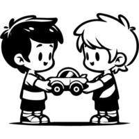 Boy gives a car to his friend who says thank you in monochrome. Simple minimalistic image in black ink drawing on white background vector