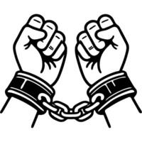 Pair of chained hands are depicted. Oppression and captivity symbolizing loss of freedom in monochrome. Simple minimalistic image in black ink drawing on white background vector