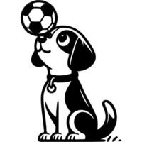 Young dog performs training task of owner and holds soccer ball on nose in monochrome. Simple minimalistic image in black ink drawing on white background vector