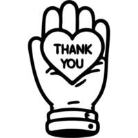 Heart shaped Postcard with inscription Thank you lies in palm of hand in monochrome. Simple minimalistic image in black ink drawing on white background vector