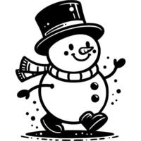 Cheerful snowman in top hat walks with confident gait in monochrome. Simple minimalistic image in black ink drawing on white background vector