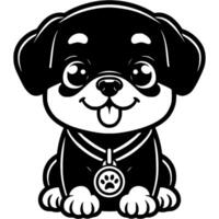 Rottweiler puppy with dog show winner medal worn around its neck in monochrome. Simple minimalistic image in black ink drawing on white background vector