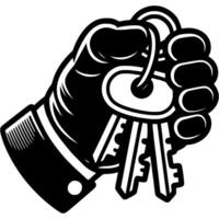 Hand of a burglar holding a bunch of keys for picking a lock in monochrome. Simple minimalistic image in black ink drawing on white background vector