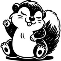 Squirrel chipmunk with fluffy tail stretches sweetly after sleep in monochrome. Simple minimalistic image in black ink drawing on white background vector