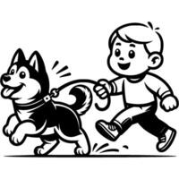Boy runs after pet with husky dog with leash in monochrome. Simple minimalistic image in black ink drawing on white background vector