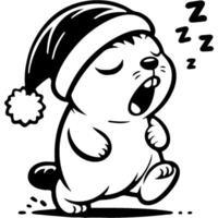 Marmot hamster wearing sleeping cap goes to bed in monochrome. Simple minimalistic image in black ink drawing on white background vector