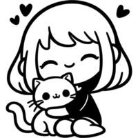 Girl hugs a little kitten in monochrome. Simple minimalistic image in black ink drawing on white background vector