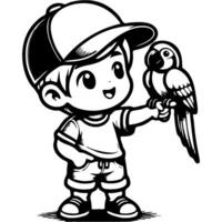 Boy owner of parrot holds pet sitting on finger of outstretched hand in monochrome. Simple minimalistic image in black ink drawing on white background vector