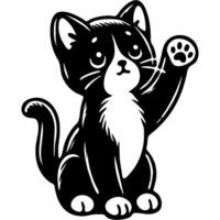 Domestic kitten sits and stretches its paw up begging for food in monochrome. Simple minimalistic image in black ink drawing on white background vector