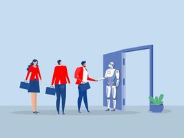 Businessman handshake with robot welcome and cooperation work innovation together. Artificially intelligent Onboarding employee, warm welcome to new office, orientation training on first day. vector
