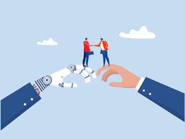 businessman Partnership with ai, teamwork or collaboration to success, agreement or solution to win corporate trust, cooperation concept, businessman handshake connect robot together. vector