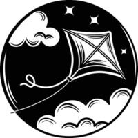 A black and white illustration of a kite flying in the sky vector