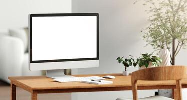 Modern Minimalist Workspace with Greenery and Light 3D Render. photo
