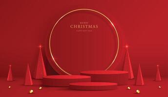 Podium shape for show cosmetic product display for christmas day or new years. Stand product showcase on red background with lighting christmas. design. vector