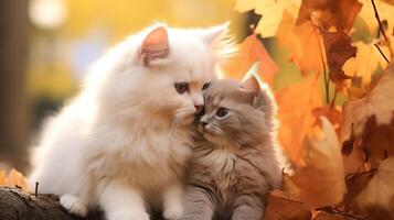 Two kittens are sitting on a branch in the fall photo