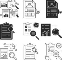 Search result line icon set. Financial statement overview and online research analysis symbols. Data optimization sign. vector