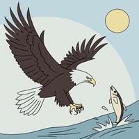 eagle and a fish are flying over the water vector