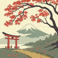 painting of mt Fuji with small tor ii and cherry. vector