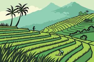 a poster with a man working on a rice field vector