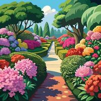 an illustration of a garden with flowers and trees vector