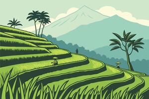 a poster of a rice field with palm trees vector