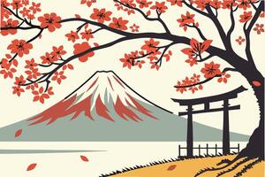 a poster with a view of the mountain and a torii gate vector