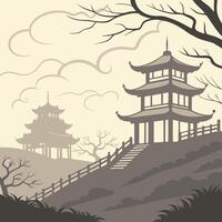 Asian landscape with pagoda and trees vector