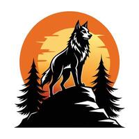 the wolf is standing on top of a mountain with trees in the background vector
