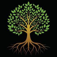 a tree with roots and leaves on a black background vector
