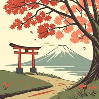 japanese landscape with tori gate and mountain vector