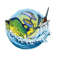 Sailfish marlin tuna mahi mahi dorado wahoo fishing jumping on the rolling waves in the middle of the ocean vector