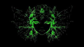 Neon frame effect, magical fairy with glittering wings and flowers on black background video