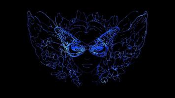 Neon frame effect, magical fairy with glittering wings and flowers on black background video