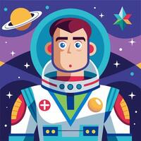 An astronaut in space with planets and stars vector