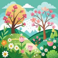 Spring landscape with flowers and trees vector