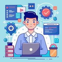 A man in a suit is working on a laptop vector