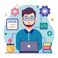 A man with glasses and a laptop is sitting at a desk with a bunch of icons around him vector