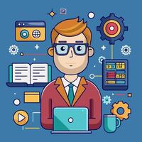 A man with glasses and a laptop is surrounded by icons vector