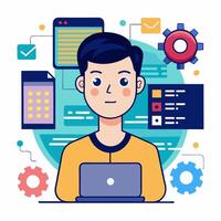 A man is working on a laptop with icons around him vector