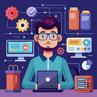 A man with glasses and a laptop is working on a computer vector