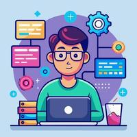 A man with glasses and a laptop is working on a computer vector