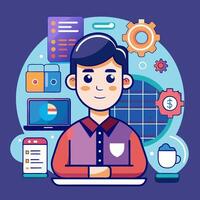 A man sitting at a desk with a laptop and other items around him vector