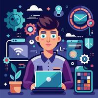 A man working on a laptop with various icons around him vector