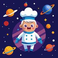 Cartoon chef with planets and stars in the background vector