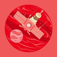 An illustration of a satellite in space with a red planet vector