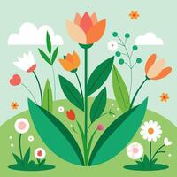 Flowers and grass with clouds and birds vector